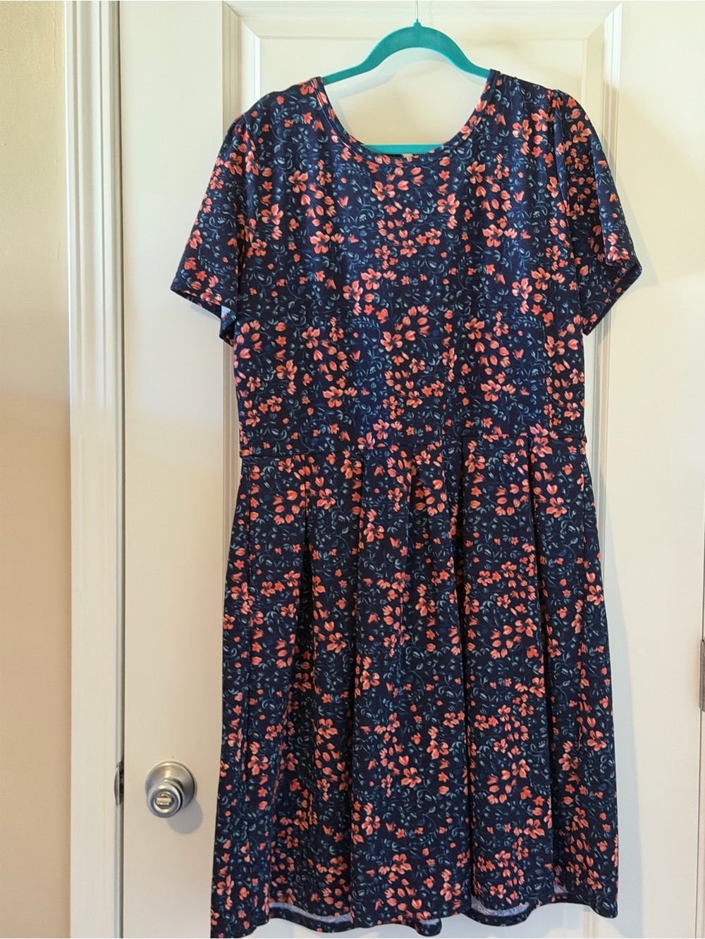 LuLaRoe Navy Dress with Coral Floral Print, Short Sleeve Fit-and-Flare